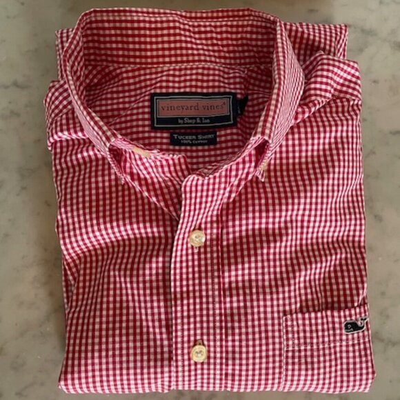 VINEYARD VINES Whale Shirt Gingham Tucker Red White Check LS Medium - Picture 2 of 15